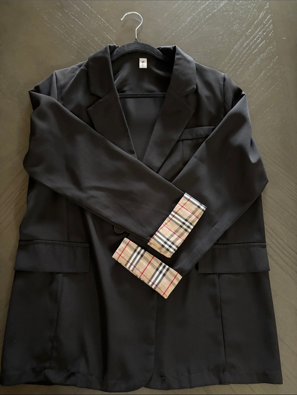 Black Double-Breasted Blazer with Plaid Cuff Trim - Picture 5 of 16